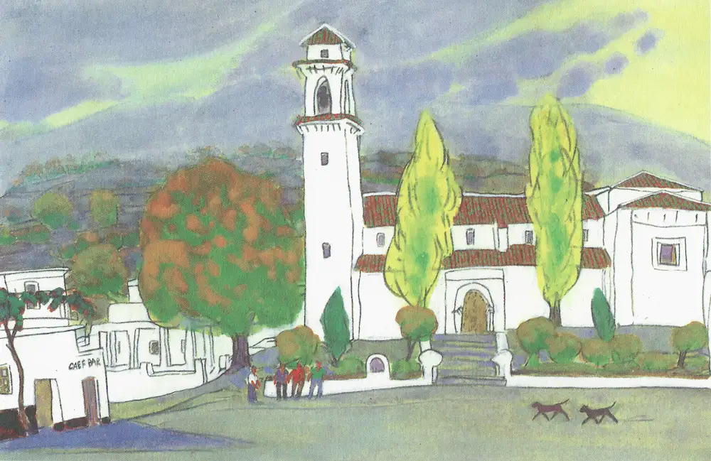 Illustration of Pitres village center in La Alpujarra, Granada, featuring the church and rural Andalusian landscape. Location of Intercam School of Languages.